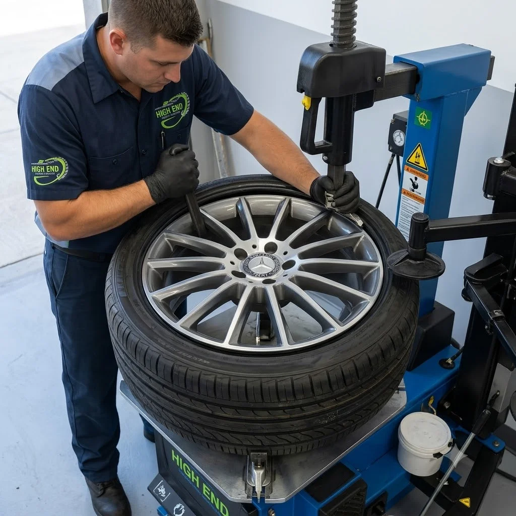 technician working on the Mercedes wheel